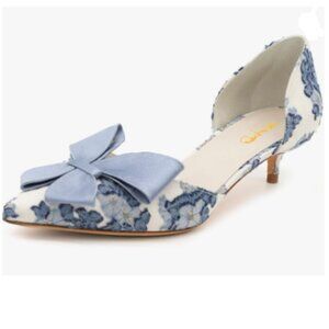 XYD Blue Bloom Embroidery D'Orsay Kitten Heel Bridal Bowknot Pumps Elegant Shoes